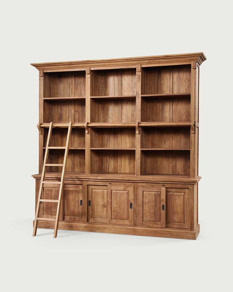 Mahara - Grande bibliothèque en teck massif avec échelle