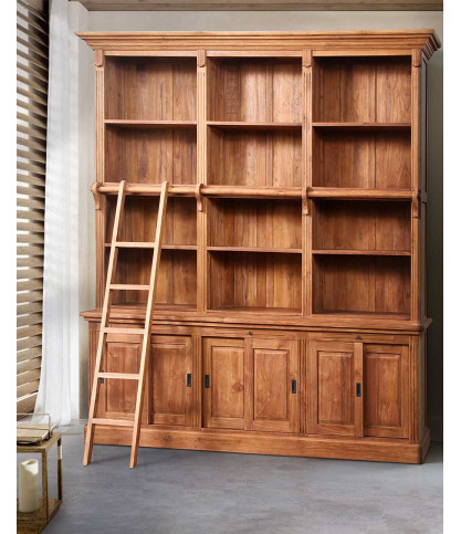 Mahara - Grande bibliothèque en teck massif avec échelle