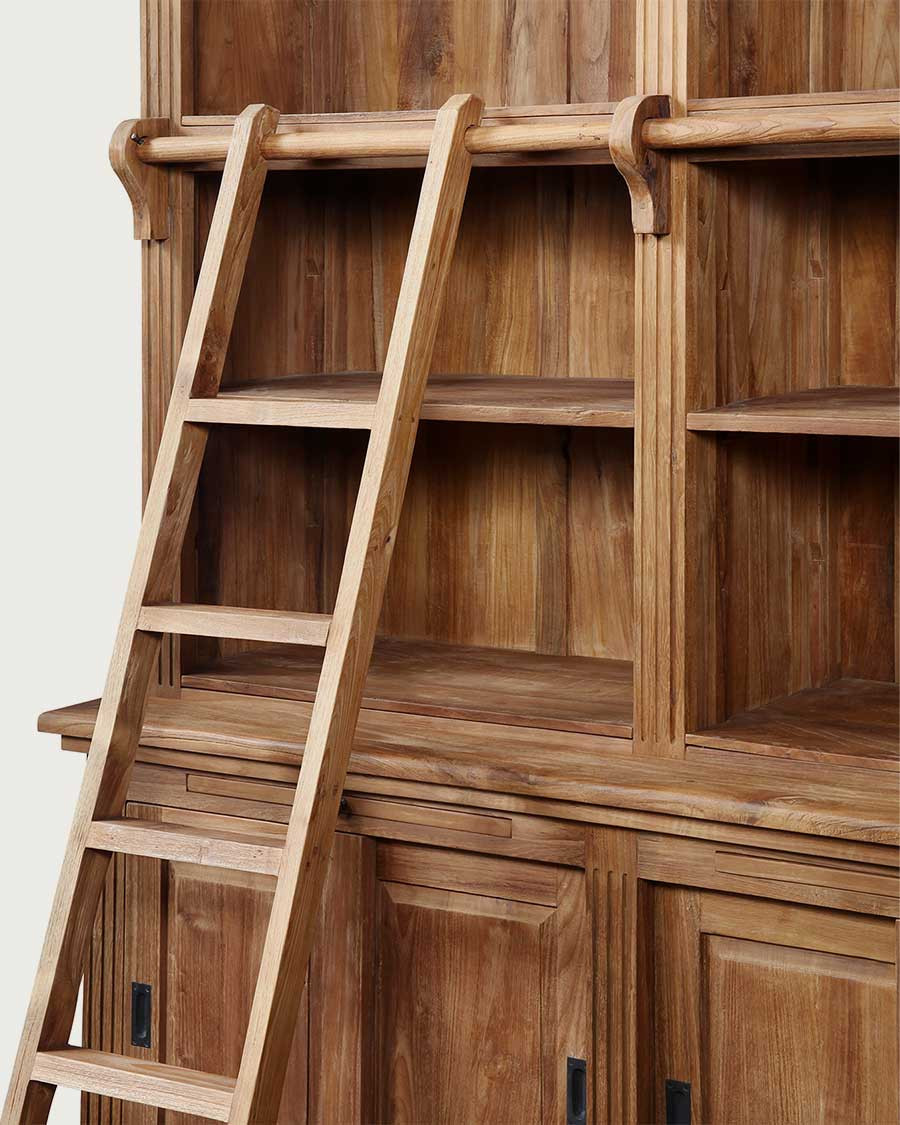 Mahara - Grande bibliothèque en teck massif avec échelle