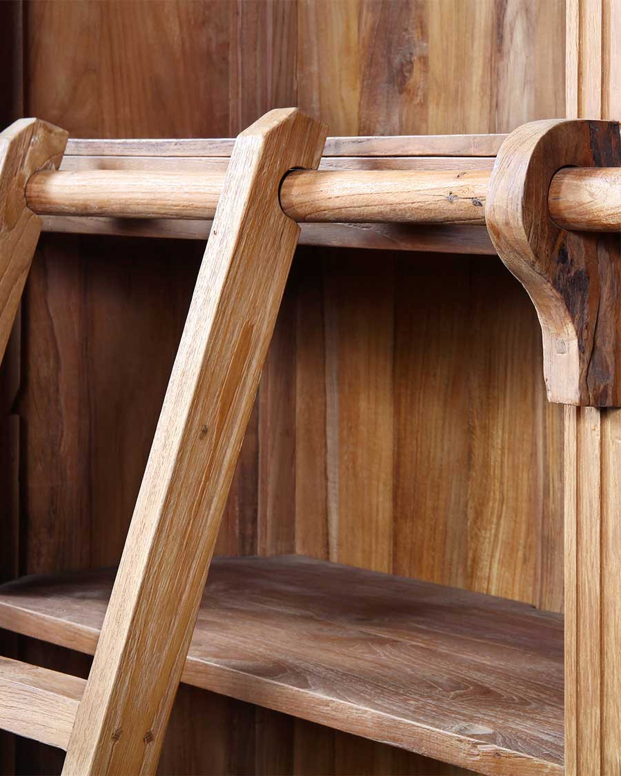 Mahara - Grande bibliothèque en teck massif avec échelle