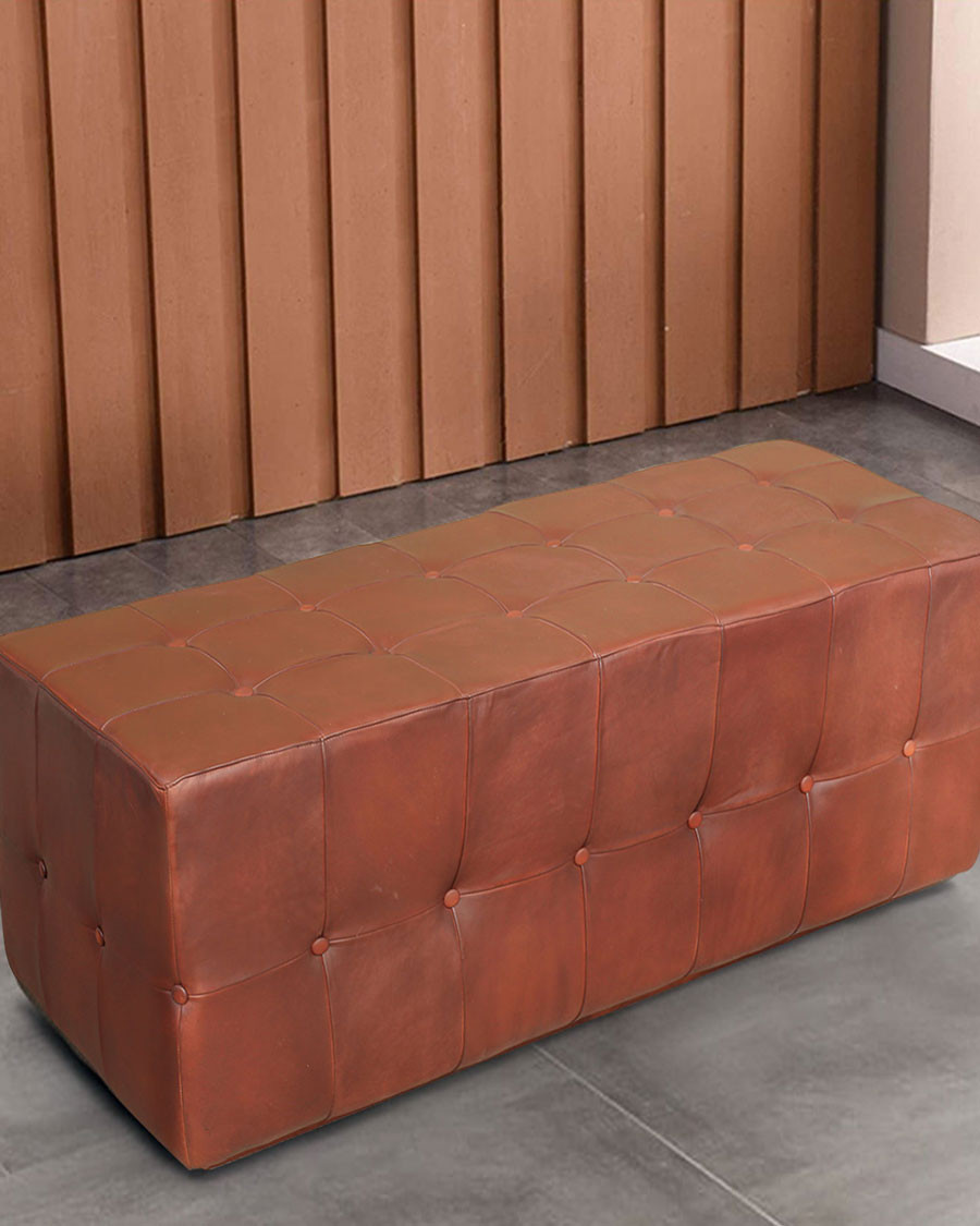 Palm - Banc rembourré en cuir marron capitonné