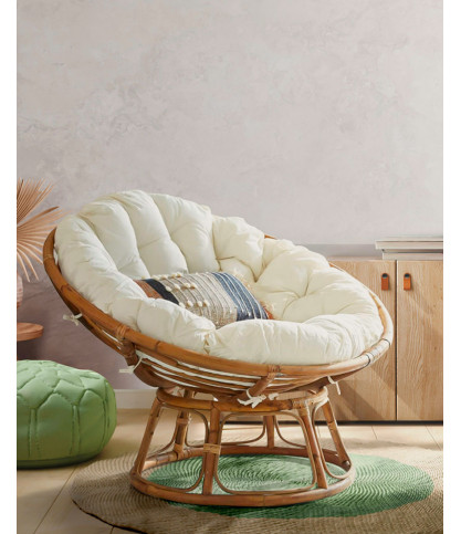 Paipai - Fauteuil rond en rotin avec coussin blanc