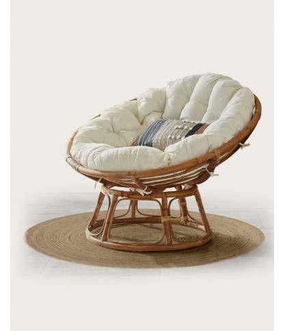 Paipai - Fauteuil rond en rotin avec coussin blanc