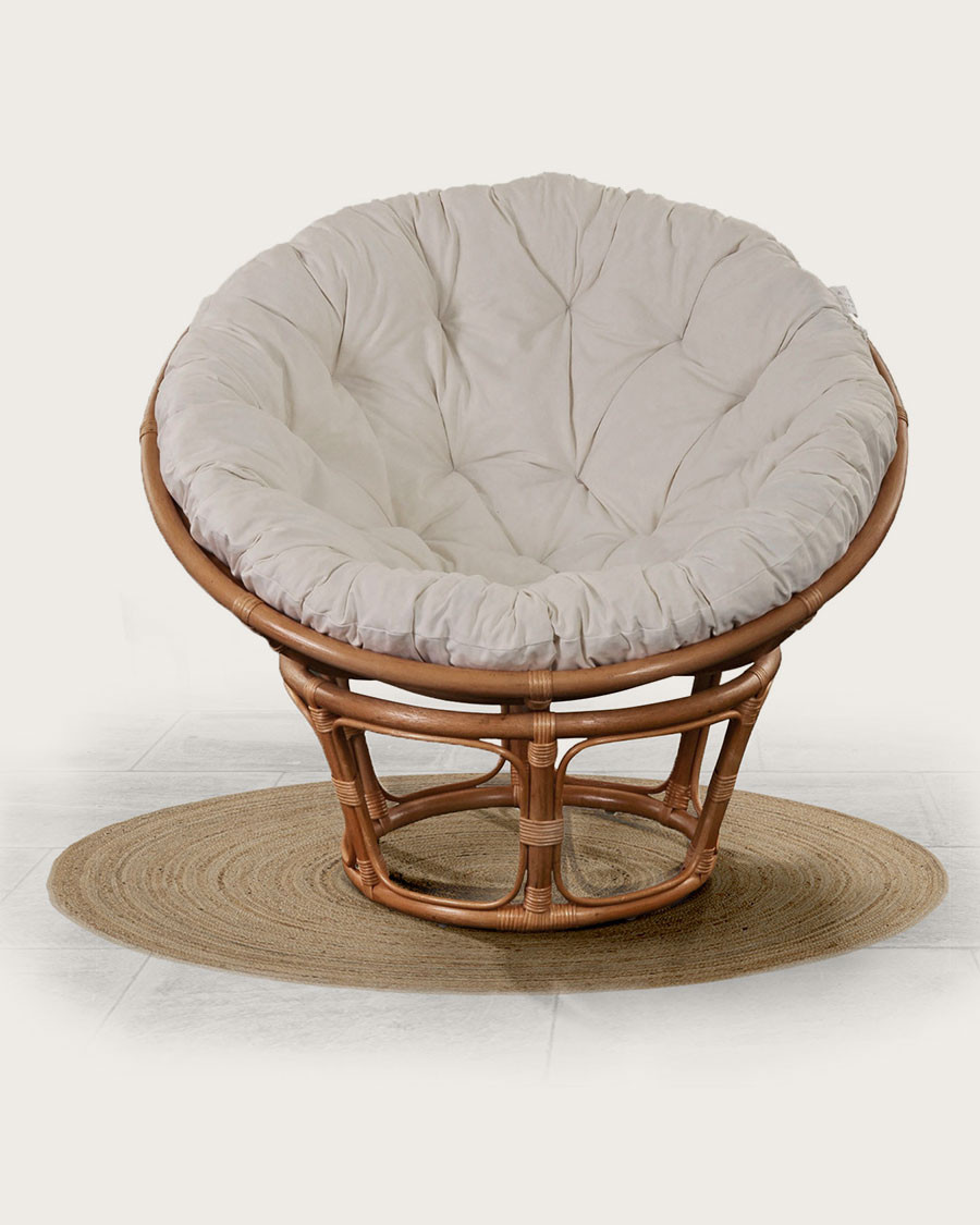 Paipai - Fauteuil rond en rotin avec coussin blanc