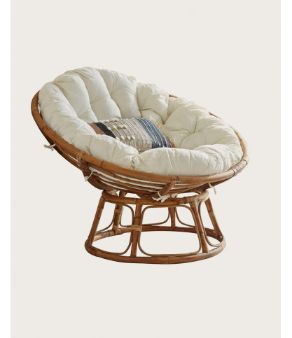 Paipai - Fauteuil rond en rotin avec coussin blanc