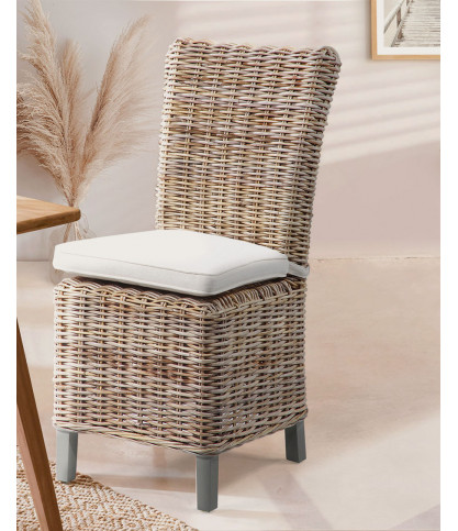 Neya - Chaise de jardin en rotin et coussin blanc