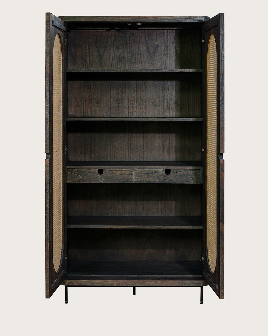 Sanaa- Armoire noire 2 portes en mindy massif et cannage