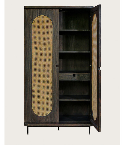 Sanaa- Armoire noire 2 portes en mindy massif et cannage