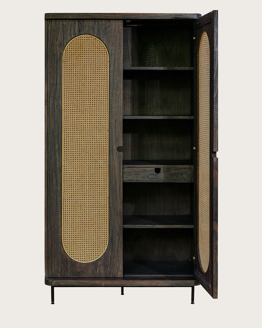 Sanaa- Armoire noire 2 portes en mindy massif et cannage