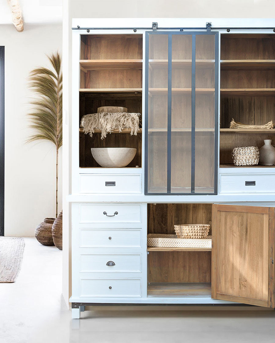 Niasha - Grande bibliothèque blanche en teck massif