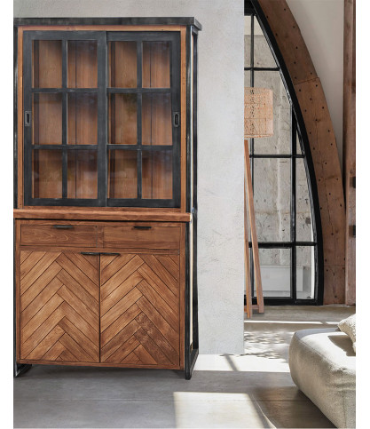 Kendari - Petite bibliothèque industrielle en teck massif et métal