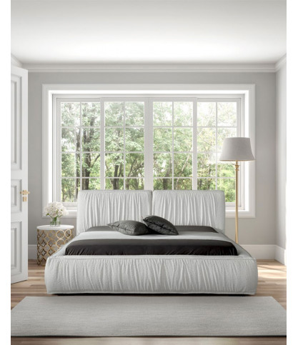 TAROK - Lit double rembourré en tissu bouclé blanc TAROK