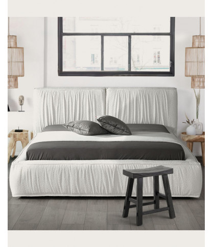 TAROK - Lit double rembourré en tissu bouclé blanc TAROK
