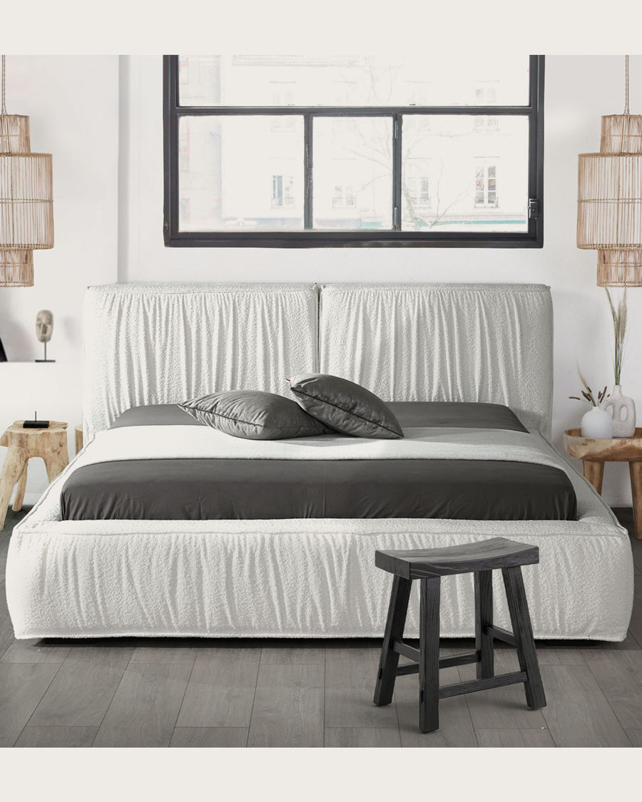 TAROK - Lit double rembourré en tissu bouclé blanc TAROK