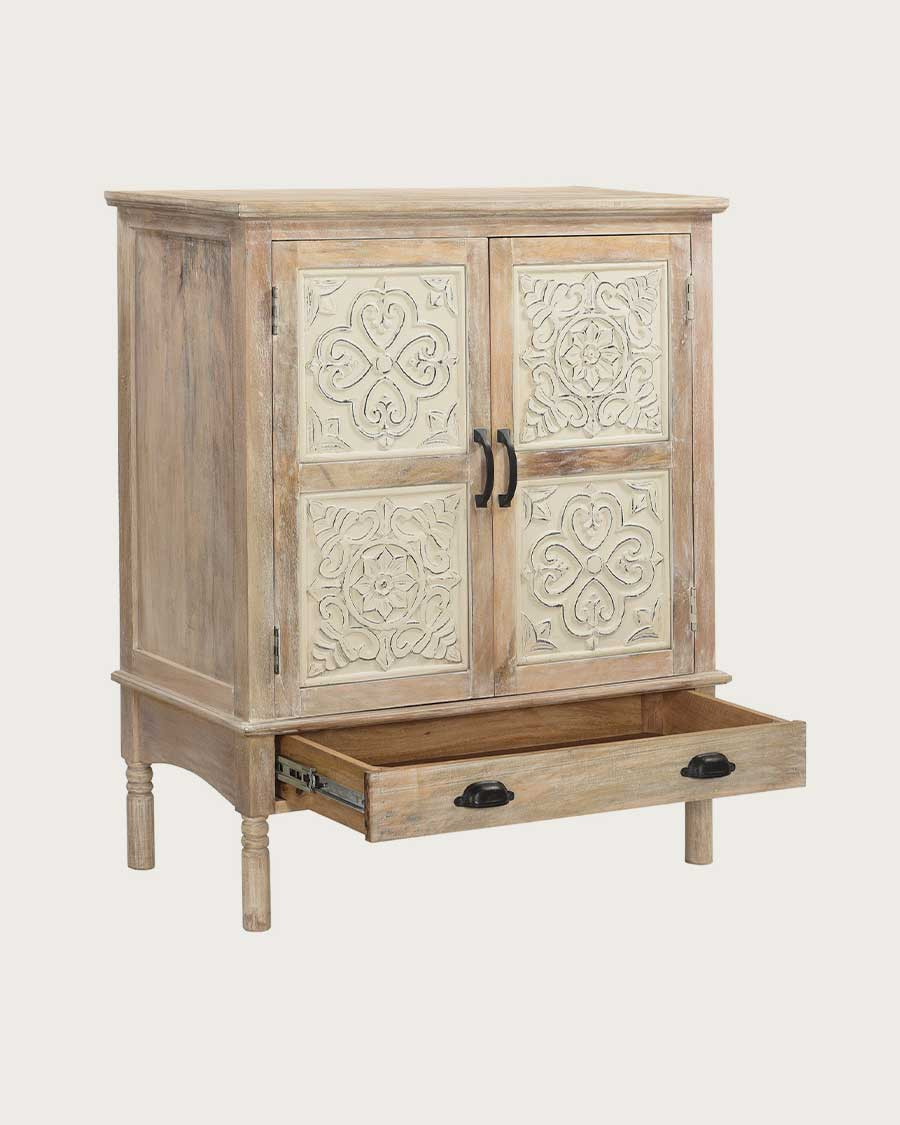 Mala - Buffet haut 2 portes en bois de manguier massif sculpté 85 cm