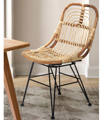 Villa- Lot de 4 chaises en rotin naturel et pied métal