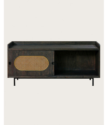 Sanaa- Meuble TV noir porte coulissante en Mindy massif et cannage