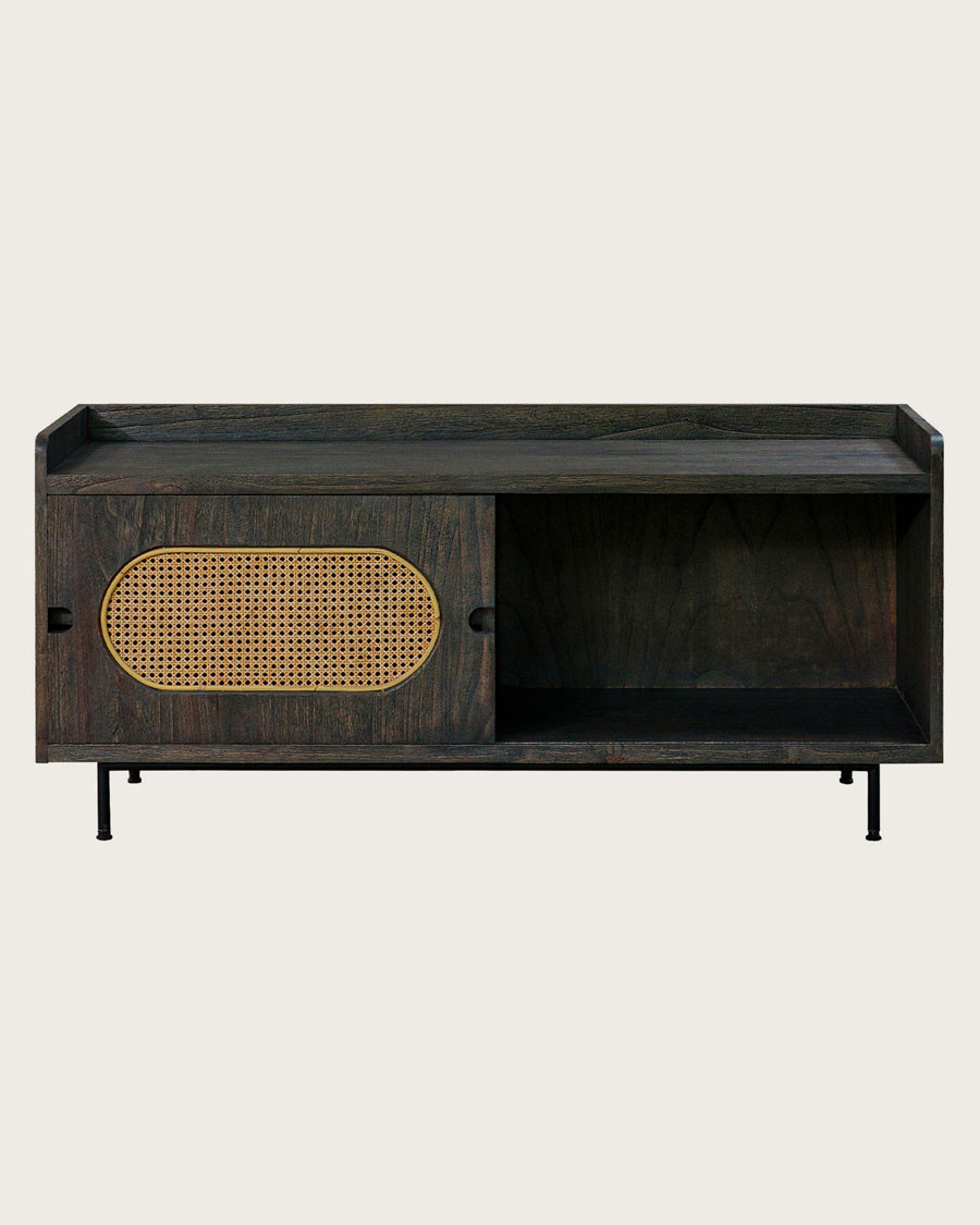 Sanaa- Meuble TV noir porte coulissante en Mindy massif et cannage