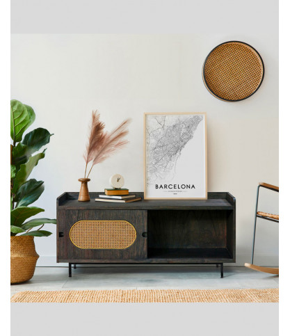 Sanaa- Meuble TV noir porte coulissante en Mindy massif et cannage