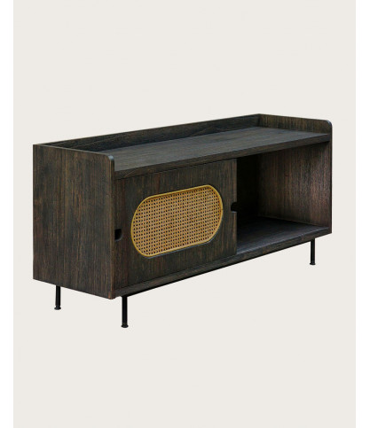 Sanaa- Meuble TV noir porte coulissante en Mindy massif et cannage