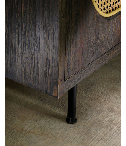 Sanaa- Meuble TV noir porte coulissante en Mindy massif et cannage