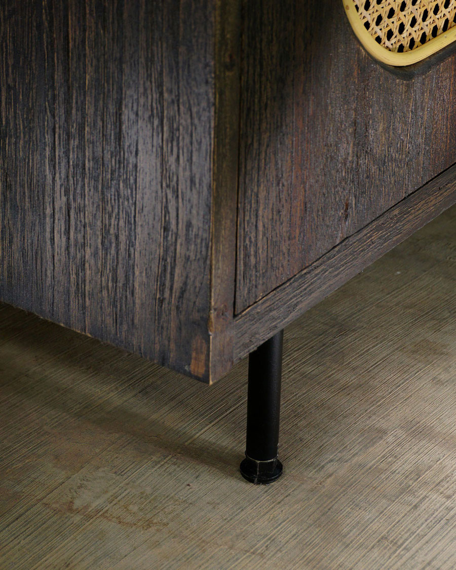 Sanaa- Meuble TV noir porte coulissante en Mindy massif et cannage