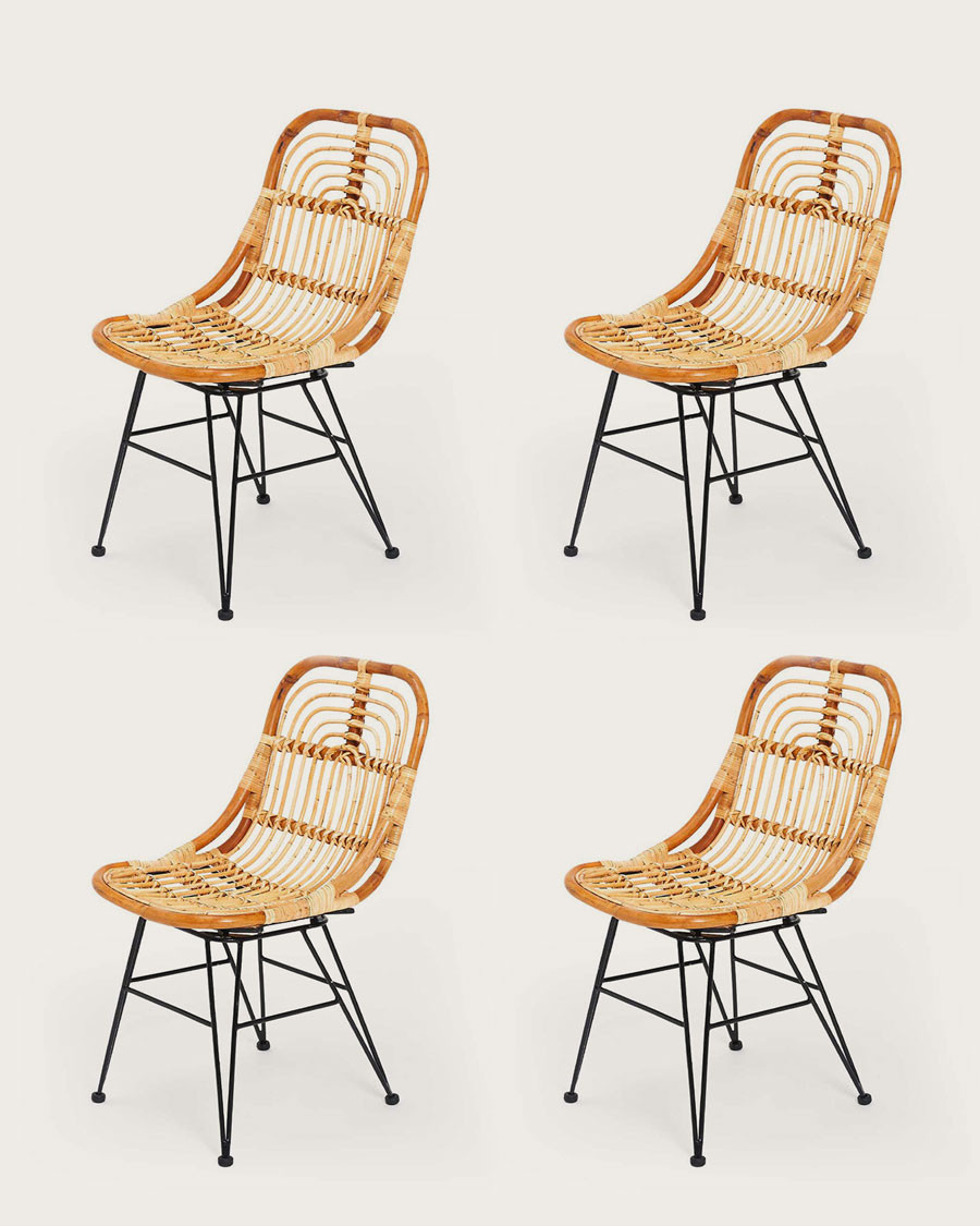 Villa- Lot de 4 chaises en rotin naturel et pied métal