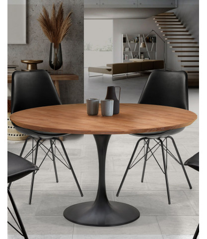 Eclipse - Table repas ronde industrielle en teck massif et pied métal