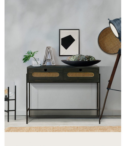 Sanaa - Console noire 2 tiroirs en Mindy massif et cannage
