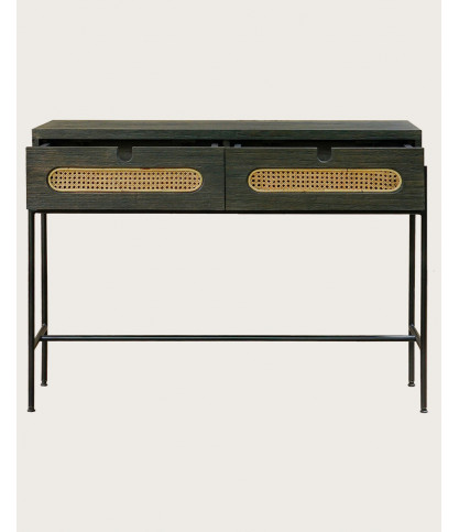 Sanaa - Console noire 2 tiroirs en Mindy massif et cannage