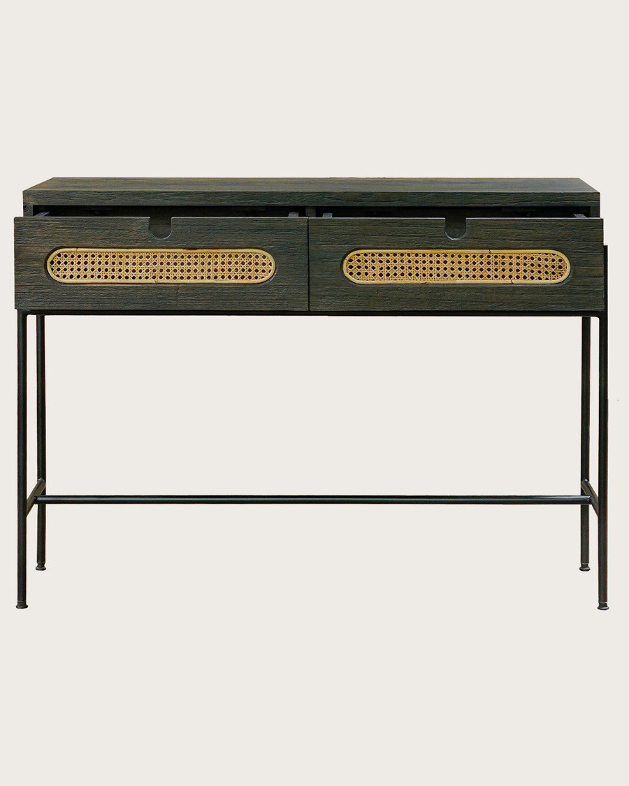 Sanaa - Console noire 2 tiroirs en Mindy massif et cannage