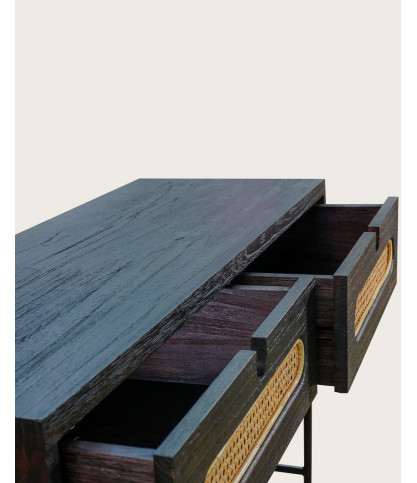 Sanaa - Console noire 2 tiroirs en Mindy massif et cannage