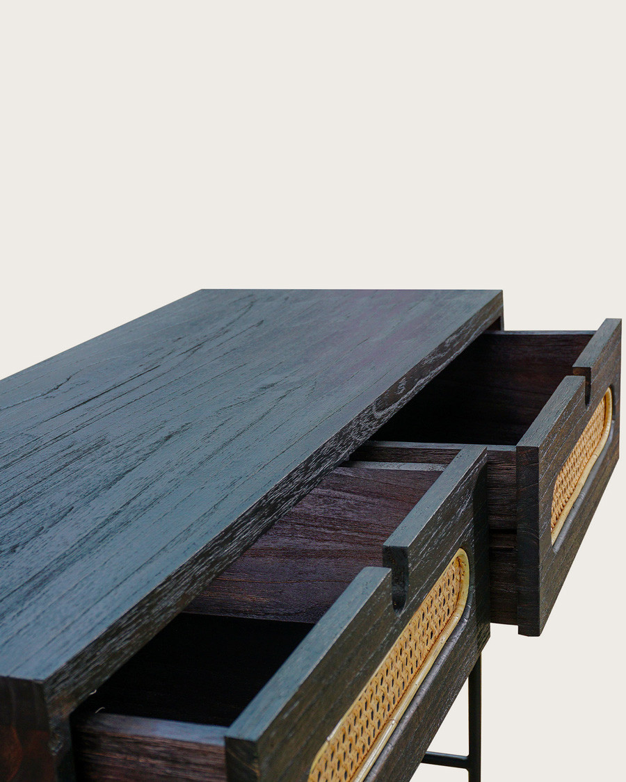 Sanaa - Console noire 2 tiroirs en Mindy massif et cannage