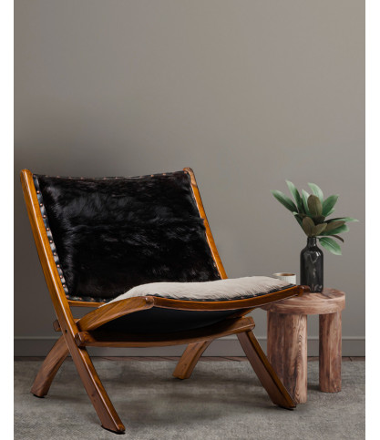 Leela - Fauteuil en teck massif et peau de chèvre