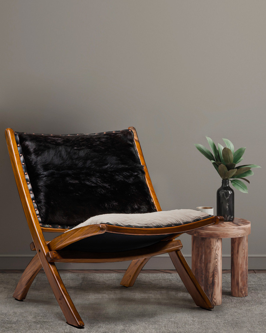 Leela - Fauteuil en teck massif et peau de chèvre