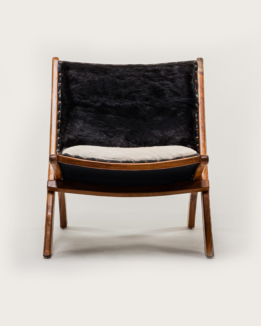 Leela - Fauteuil en teck massif et peau de chèvre