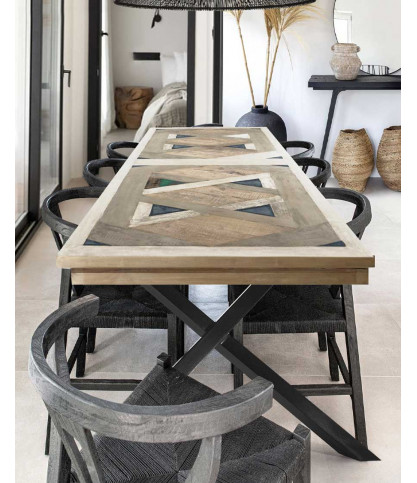 Bucarest - Table repas en manguier massif marqueté L200 cm 10 pers.