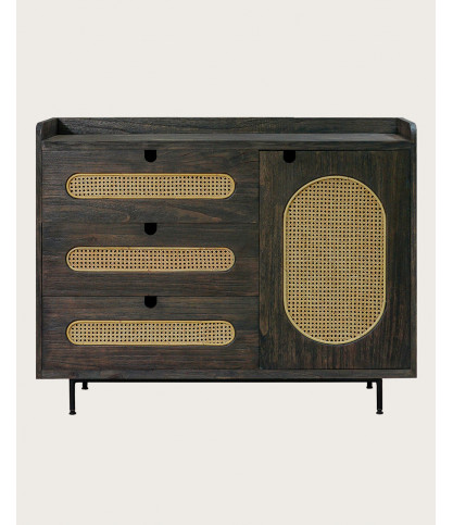 Sanaa - Commode noire 3 tiroirs en mindy massif et cannage
