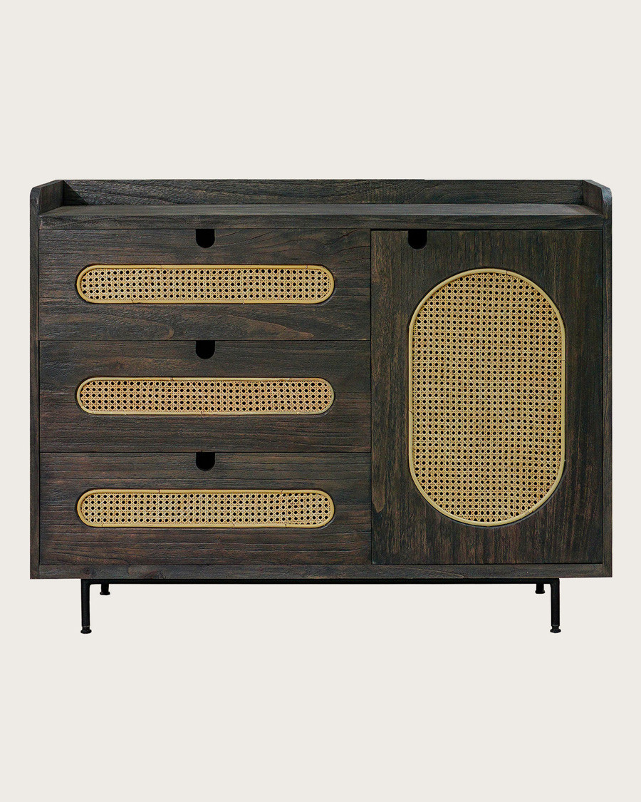 Sanaa - Commode noire 3 tiroirs en mindy massif et cannage
