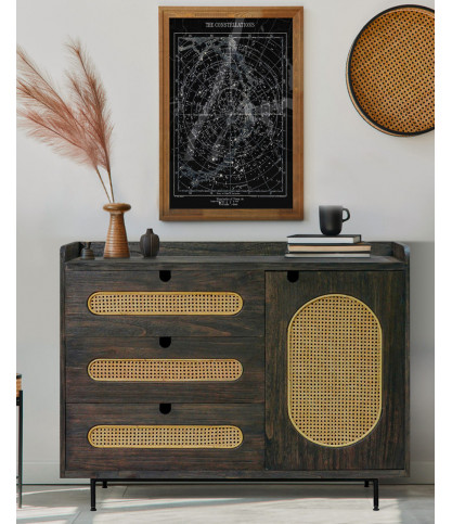 Sanaa - Commode noire 3 tiroirs en mindy massif et cannage