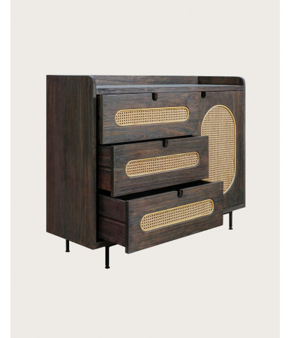Sanaa - Commode noire 3 tiroirs en mindy massif et cannage