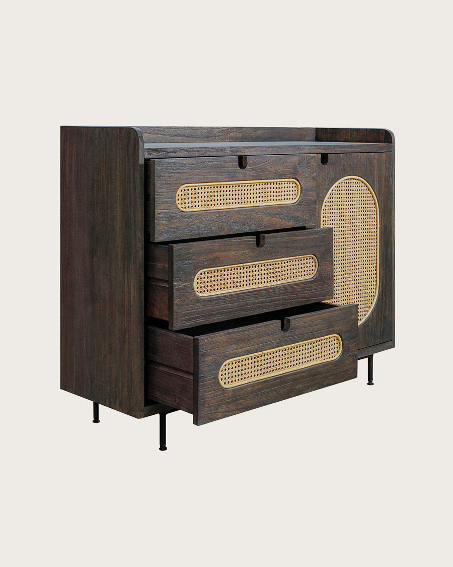 Sanaa - Commode noire 3 tiroirs en mindy massif et cannage