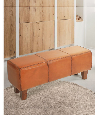 Tula - Banc rembourré en teck massif et cuir marron