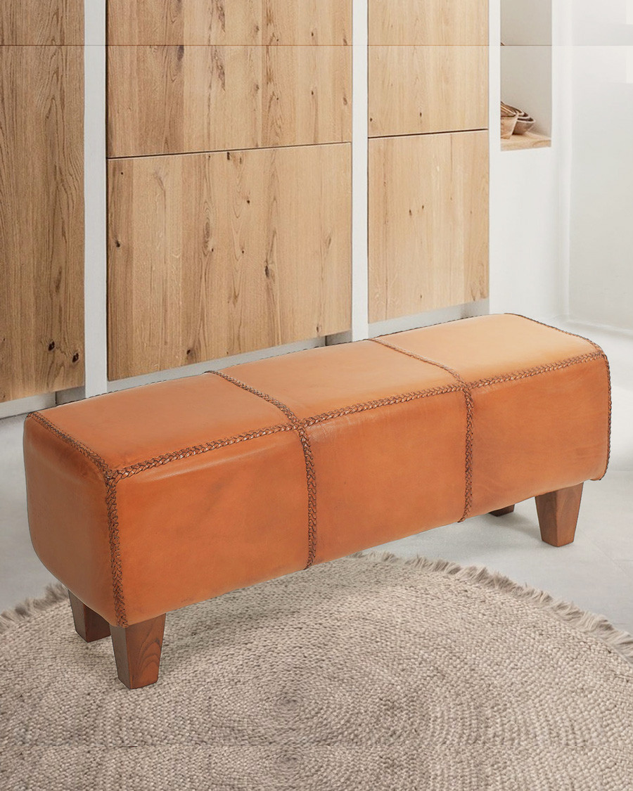 Tula - Banc rembourré en teck massif et cuir marron