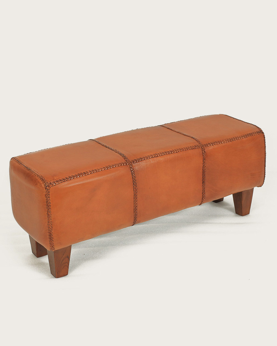 Tula - Banc rembourré en teck massif et cuir marron