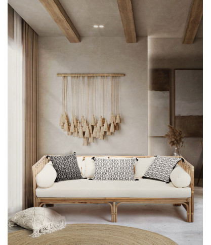 Cassandra - Canapé 4 places en rotin et coussins blancs