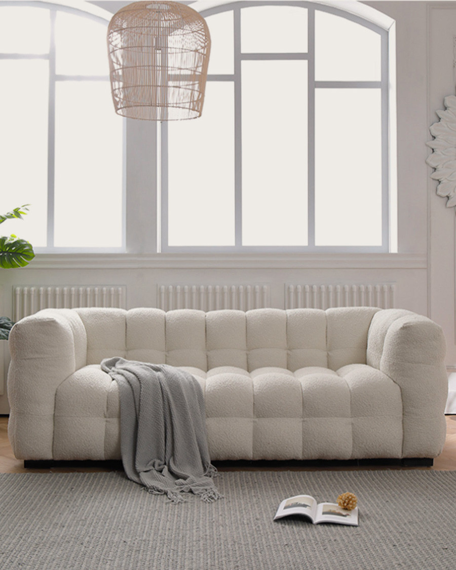 Altaya - Canapé 3 places en tissu bouclé blanc