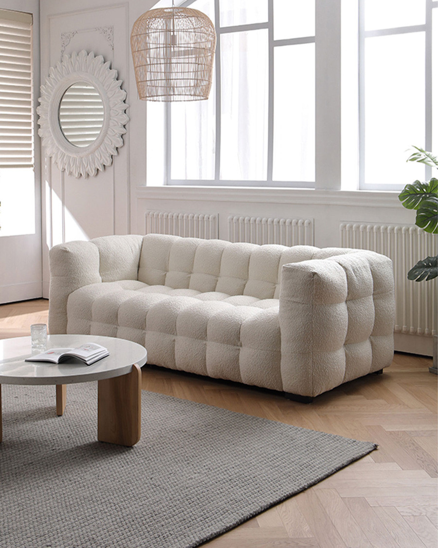 Altaya - Canapé 3 places en tissu bouclé blanc