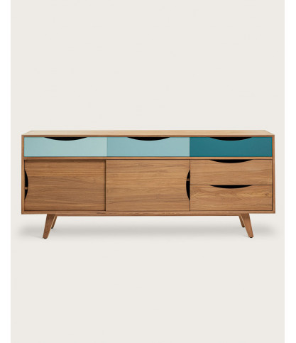 Kalios - Buffet scandinave en bois massif de teck et tiroirs bleu
