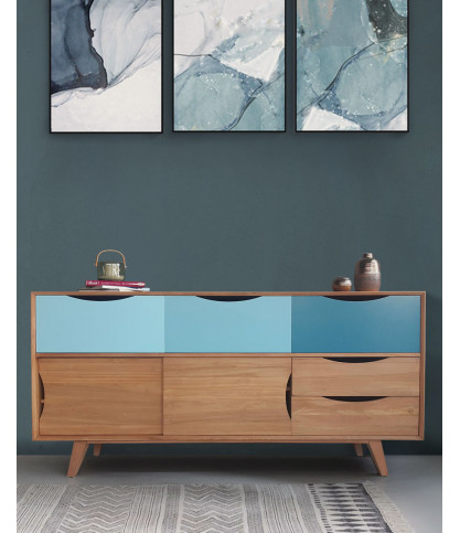 Kalios - Buffet scandinave en bois massif de teck et tiroirs bleu